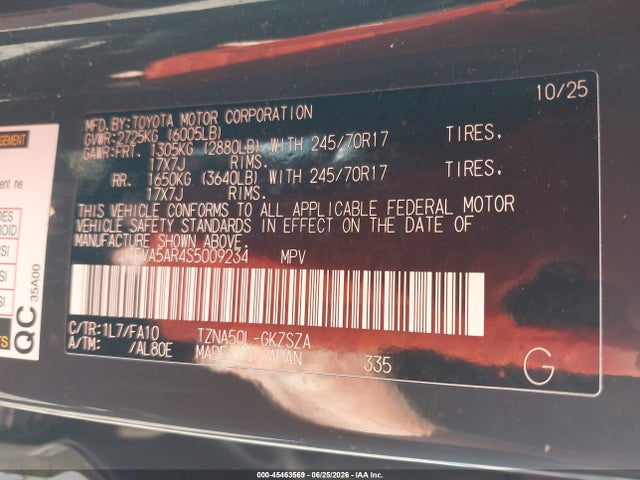 45463569 :رقم المزاد ، JTEVA5AR4S5009234 vin ، 2025 Toyota 4runner Sr5 مزاد بيع
