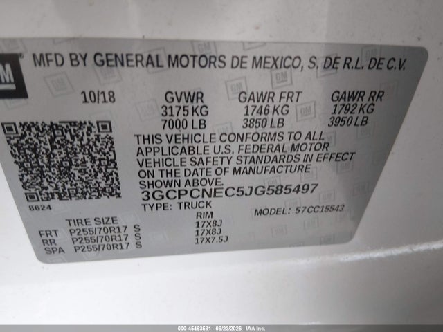 Auction sale of the 2018 Chevrolet Silverado 1500 Wt, vin: 3GCPCNEC5JG585497, lot number: 45463581