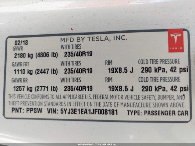 Tesla Model 3 Long Range/mid Range 2018 5YJ3E1EA1JF008181 Image 9