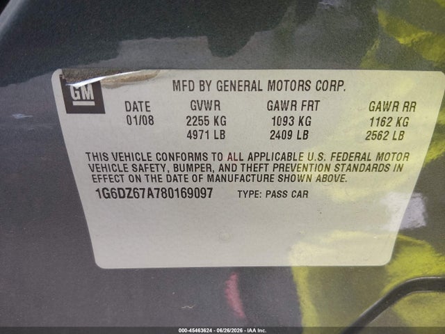 45463624 :رقم المزاد ، 1G6DZ67A780169097 vin ، 2008 Cadillac Sts Rwd W/1se مزاد بيع