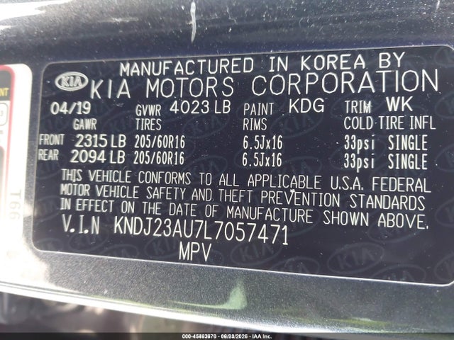 45463670 :رقم المزاد ، KNDJ23AU7L7057471 vin ، 2020 Kia Soul S مزاد بيع