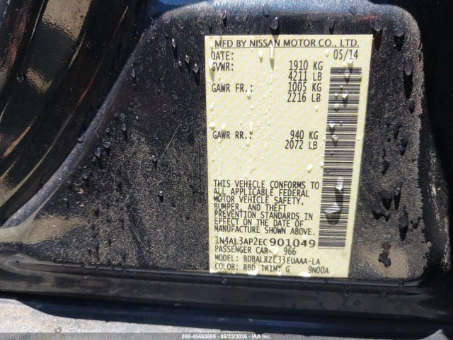 2014 Nissan Altima 2.5 S მანქანა იყიდება აუქციონზე, vin: 1N4AL3AP2EC901049, აუქციონის ნომერი: 45463698