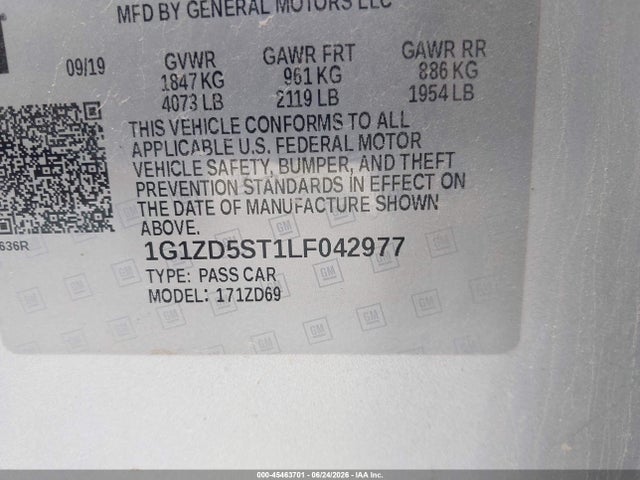 Продаж на аукціоні авто 2020 Chevrolet Malibu Fwd Lt, vin: 1G1ZD5ST1LF042977, номер лоту: 45463701