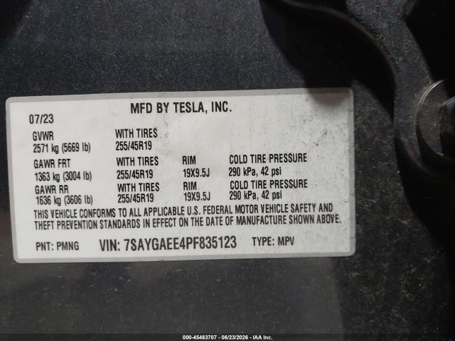 Aukcja sprzedaży 2023 Tesla Model Y Awd/long Range Dual Motor All-wheel Drive, vin: 7SAYGAEE4PF835123, numer aukcji: 45463707