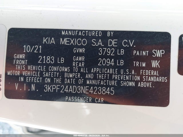 Aukcja sprzedaży 2022 Kia Forte Lxs, vin: 3KPF24AD3NE423845, numer aukcji: 45463725
