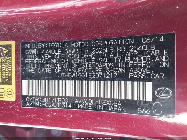 2014 Lexus Es 300h მანქანა იყიდება აუქციონზე, vin: JTHBW1GG1E2071217, აუქციონის ნომერი: 45463742