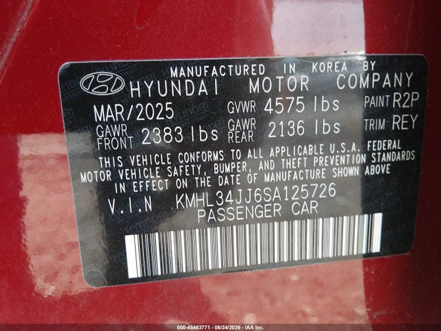 2025 Hyundai Sonata Hybrid Sel მანქანა იყიდება აუქციონზე, vin: KMHL34JJ6SA125726, აუქციონის ნომერი: 45463771