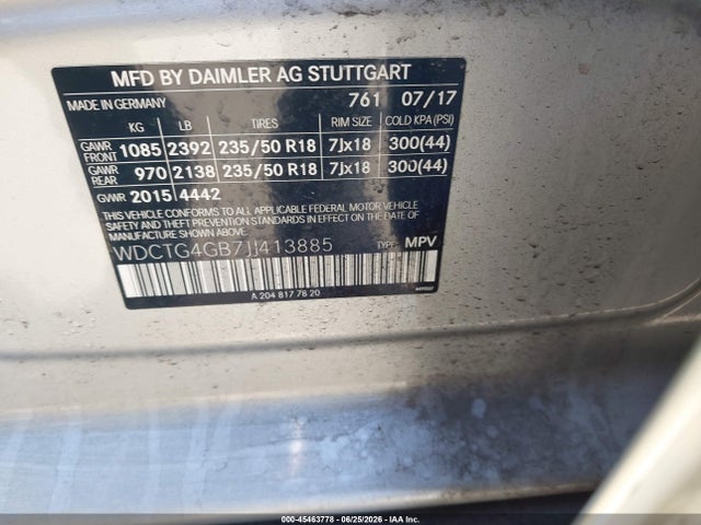 2018 Mercedes-benz Gla 250 4matic მანქანა იყიდება აუქციონზე, vin: WDCTG4GB7JJ413885, აუქციონის ნომერი: 45463778
