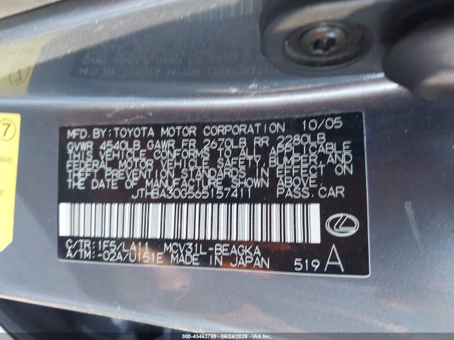 Aukcja sprzedaży 2006 Lexus Es 330, vin: JTHBA30G565157411, numer aukcji: 45463788