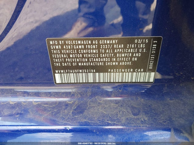 45463793 :رقم المزاد ، WVWLF7AU9FW252194 vin ، 2015 Volkswagen Golf R 4-door مزاد بيع
