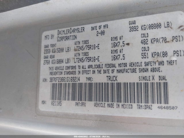 Aukcja sprzedaży 2001 Dodge Ram 2500 St, vin: 3B7KF23661G169214, numer aukcji: 45463802