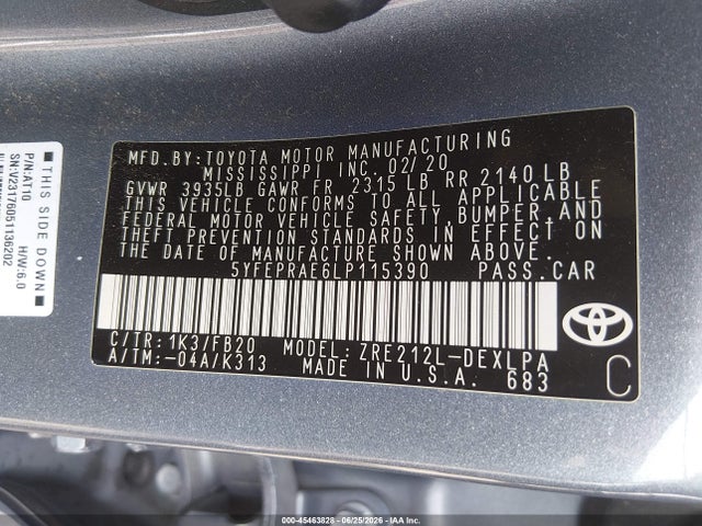 Продаж на аукціоні авто 2020 Toyota Corolla Le, vin: 5YFEPRAE6LP115390, номер лоту: 45463828