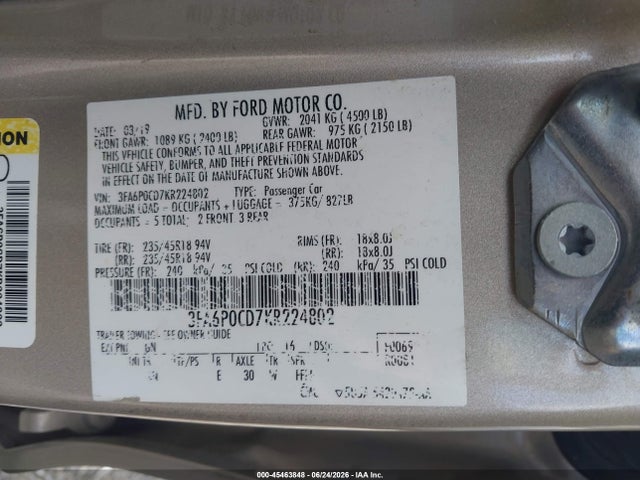3FA6P0CD7KR224802 Ford FUSION SEL