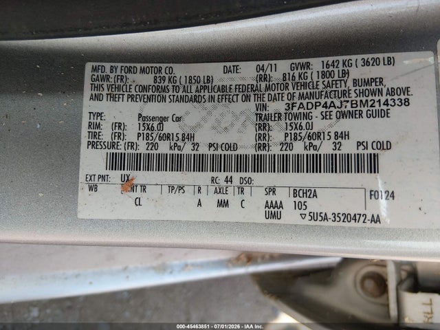 45463851 :رقم المزاد ، 3FADP4AJ7BM214338 vin ، 2011 Ford Fiesta S مزاد بيع