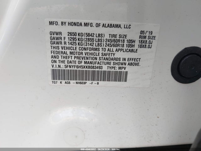 45463852 :رقم المزاد ، 5FNYF6H5XKB083493 vin ، 2019 Honda Pilot Ex-l مزاد بيع