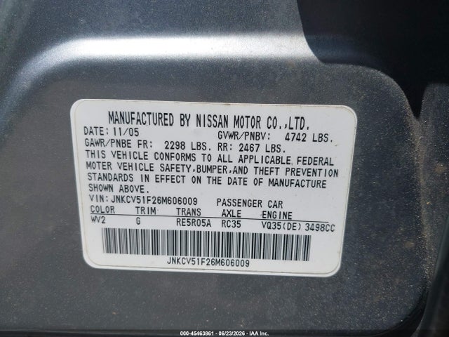 45463861 :رقم المزاد ، JNKCV51F26M606009 vin ، 2006 Infiniti G35 مزاد بيع