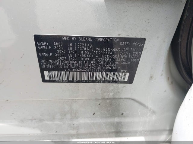 2023 Subaru Ascent Touring 7-passenger მანქანა იყიდება აუქციონზე, vin: 4S4WMAWD9P3448742, აუქციონის ნომერი: 45463883