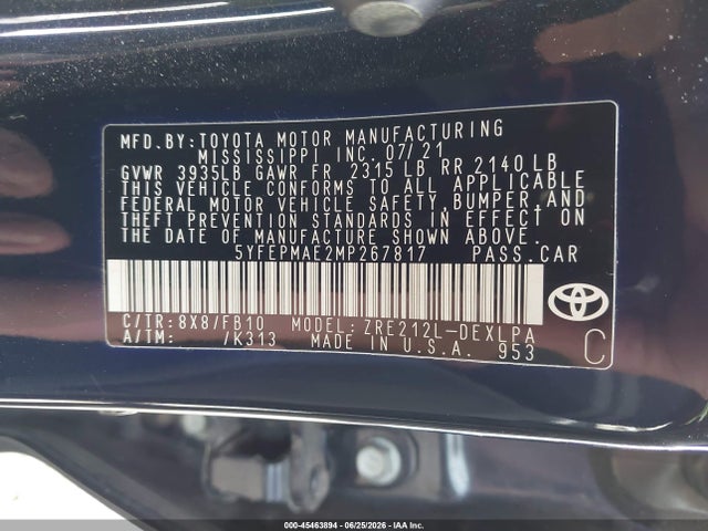 45463894 :رقم المزاد ، 5YFEPMAE2MP267817 vin ، 2021 Toyota Corolla Le مزاد بيع