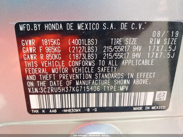 2019 Honda Hr-v Lx მანქანა იყიდება აუქციონზე, vin: 3CZRU5H37KG715406, აუქციონის ნომერი: 45463897