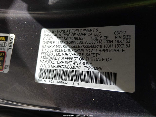 Продаж на аукціоні авто 2022 Honda Odyssey Ex-l, vin: 5FNRL6H7XNB060752, номер лоту: 45463901