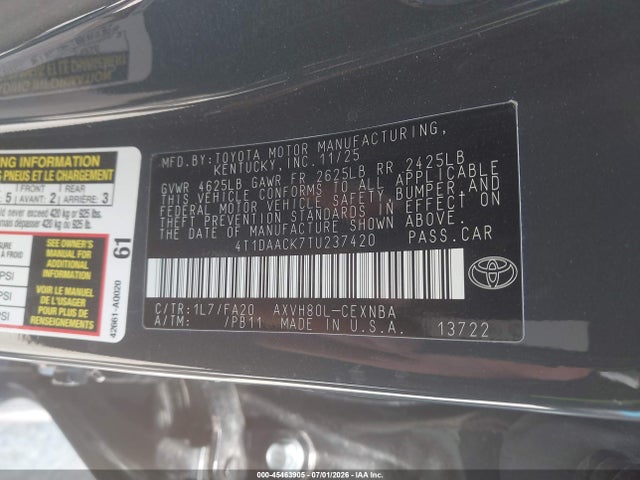 45463905 :رقم المزاد ، 4T1DAACK7TU237420 vin ، 2026 Toyota Camry Le مزاد بيع