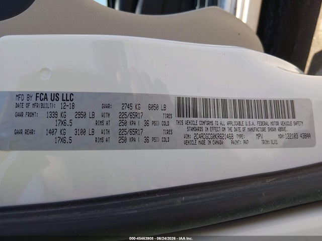 Aukcja sprzedaży 2019 Dodge Grand Caravan Sxt, vin: 2C4RDGCG0KR621468, numer aukcji: 45463908