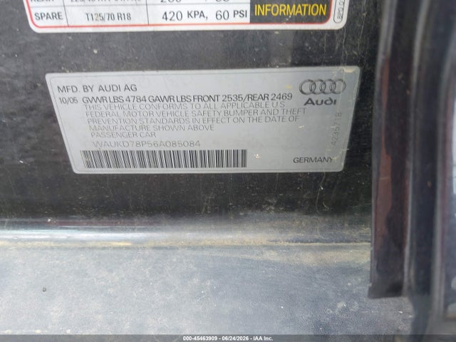 2006 Audi A3 3.2 S Line მანქანა იყიდება აუქციონზე, vin: WAUKD78P56A085084, აუქციონის ნომერი: 45463909