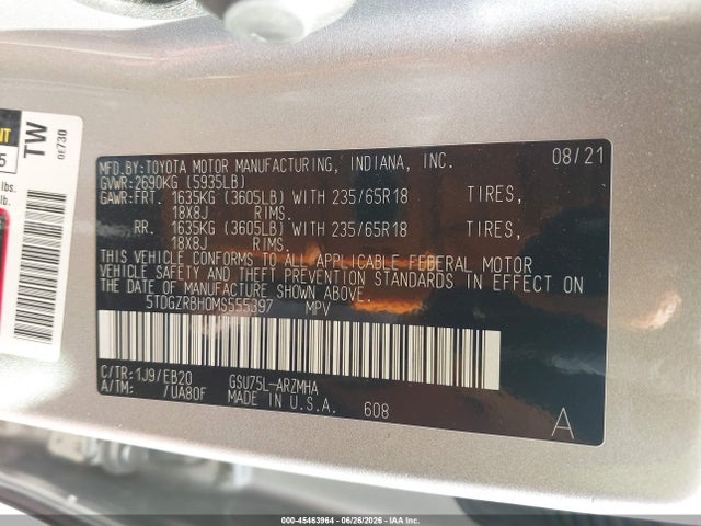 Продажа на аукционе авто 2021 Toyota Highlander Xle, vin: 5TDGZRBH0MS555397, номер лота: 45463964