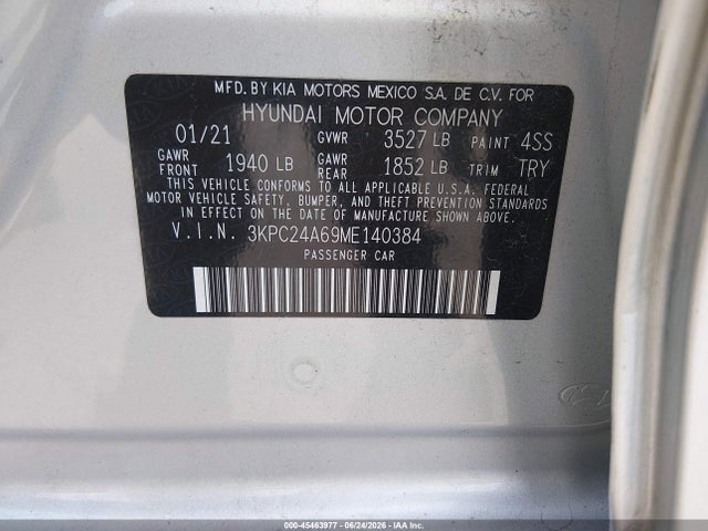 Продажа на аукционе авто 2021 Hyundai Accent Se, vin: 3KPC24A69ME140384, номер лота: 45463977