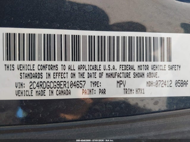 2014 Dodge Grand Caravan Sxt მანქანა იყიდება აუქციონზე, vin: 2C4RDGCG9ER104657, აუქციონის ნომერი: 45463999