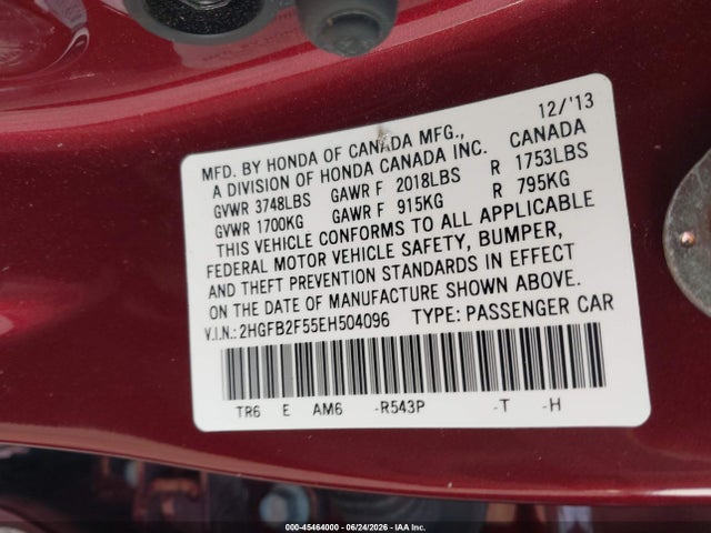 Honda Civic Lx 2014 2HGFB2F55EH504096 Image 9