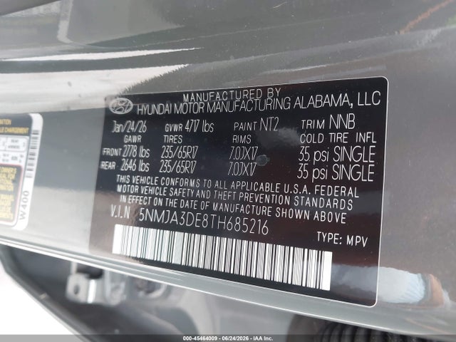 45464009 :رقم المزاد ، 5NMJA3DE8TH685216 vin ، 2026 Hyundai Tucson Se مزاد بيع