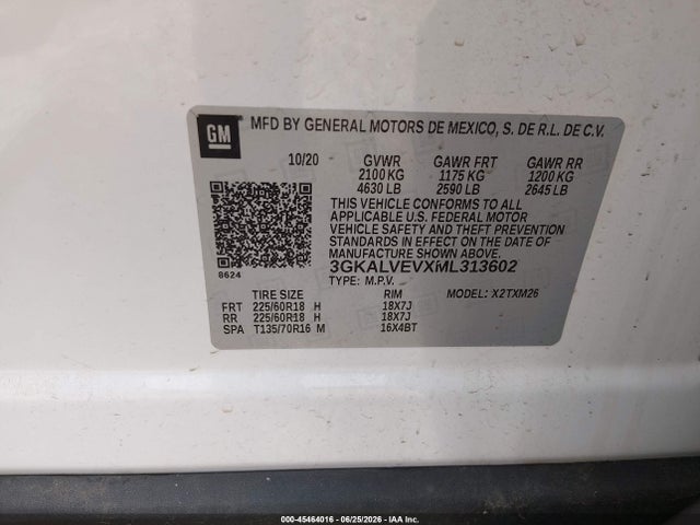 45464016 :رقم المزاد ، 3GKALVEVXML313602 vin ، 2021 Gmc Terrain Awd Slt مزاد بيع