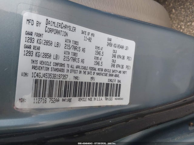 Продажа на аукционе авто 2003 Chrysler Voyager Lx, vin: 1C4GJ45353B197357, номер лота: 45464043