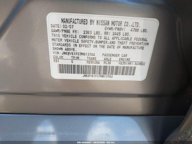 45464047 :رقم المزاد ، JNKBV61F07M813744 vin ، 2007 Infiniti G35x مزاد بيع
