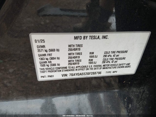 45464064 :رقم المزاد ، 7SAYGAEE2SF288796 vin ، 2025 Tesla Model Y Long Range Dual Motor All-wheel Drive مزاد بيع
