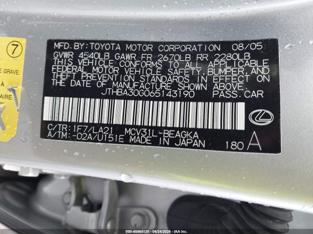 45464120 :رقم المزاد ، JTHBA30G065143190 vin ، 2006 Lexus Es 330 مزاد بيع