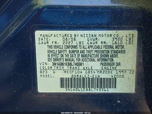 Aukcja sprzedaży 2008 Nissan Sentra 2.0 S, vin: 3N1AB61E88L745561, numer aukcji: 45464176