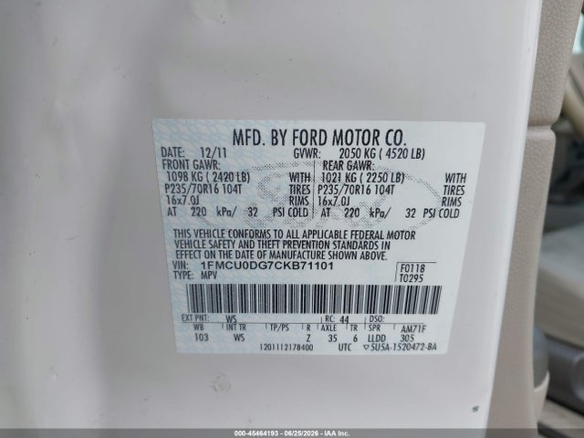 Aukcja sprzedaży 2012 Ford Escape Xlt, vin: 1FMCU0DG7CKB71101, numer aukcji: 45464193