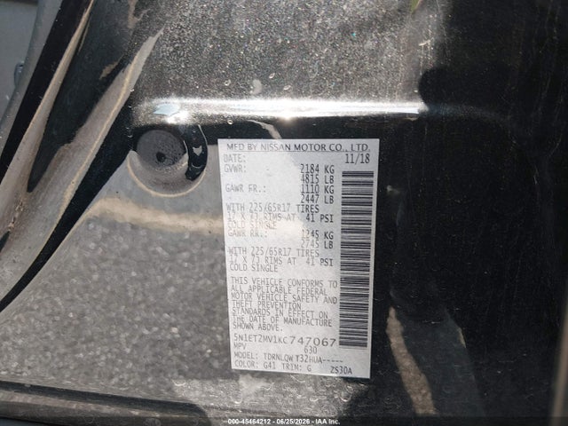 45464212 :رقم المزاد ، 5N1ET2MV1KC747067 vin ، 2019 Nissan Rogue Hybrid Sv مزاد بيع