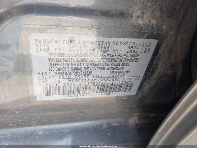 2019 Nissan Sentra Sr მანქანა იყიდება აუქციონზე, vin: 3N1AB7AP3KY315230, აუქციონის ნომერი: 45464214