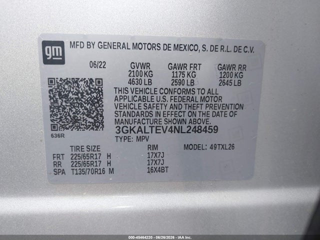 45464220 :رقم المزاد ، 3GKALTEV4NL248459 vin ، 2022 Gmc Terrain Awd Sle مزاد بيع