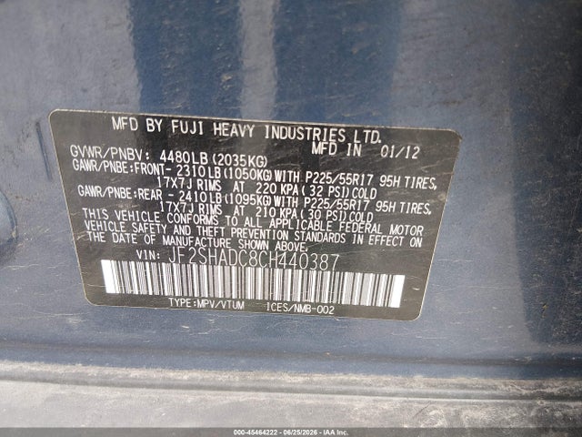 2012 Subaru Forester 2.5x Premium მანქანა იყიდება აუქციონზე, vin: JF2SHADC8CH440387, აუქციონის ნომერი: 45464222