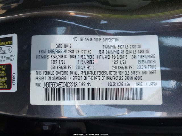 2013 Mazda Cx-9 Touring მანქანა იყიდება აუქციონზე, vin: JM3TB3CA5D0402218, აუქციონის ნომერი: 45464275