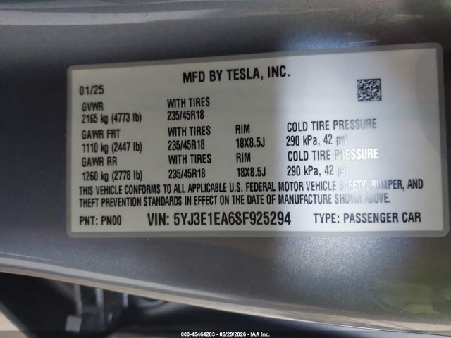 Продажа на аукционе авто 2025 Tesla Model 3 Long Range Rear-wheel Drive/standard Rear-wheel Drive, vin: 5YJ3E1EA6SF925294, номер лота: 45464283