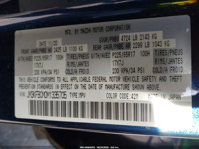Продажа на аукционе авто 2021 Mazda Cx-5 Touring, vin: JM3KFBCM0M1335705, номер лота: 45464293