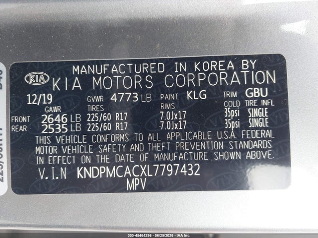 Aukcja sprzedaży 2020 Kia Sportage Lx, vin: KNDPMCACXL7797432, numer aukcji: 45464296