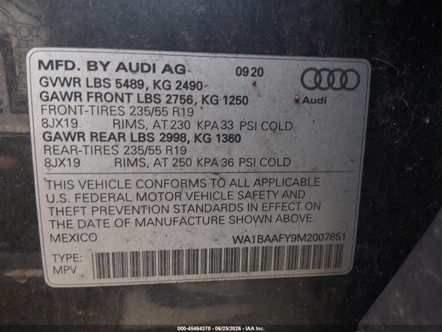 Продаж на аукціоні авто 2021 Audi Q5 Premium Plus 45 Tfsi Quattro S Tronic, vin: WA1BAAFY9M2007851, номер лоту: 45464370
