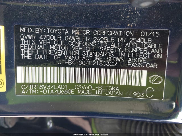 Aukcja sprzedaży 2015 Lexus Es 350, vin: JTHBK1GG4F2180302, numer aukcji: 45464389