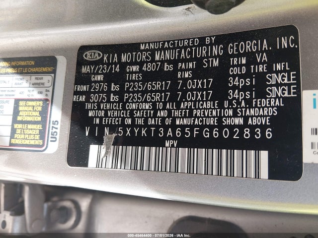 45464400 :رقم المزاد ، 5XYKT3A65FG602836 vin ، 2015 Kia Sorento Lx مزاد بيع
